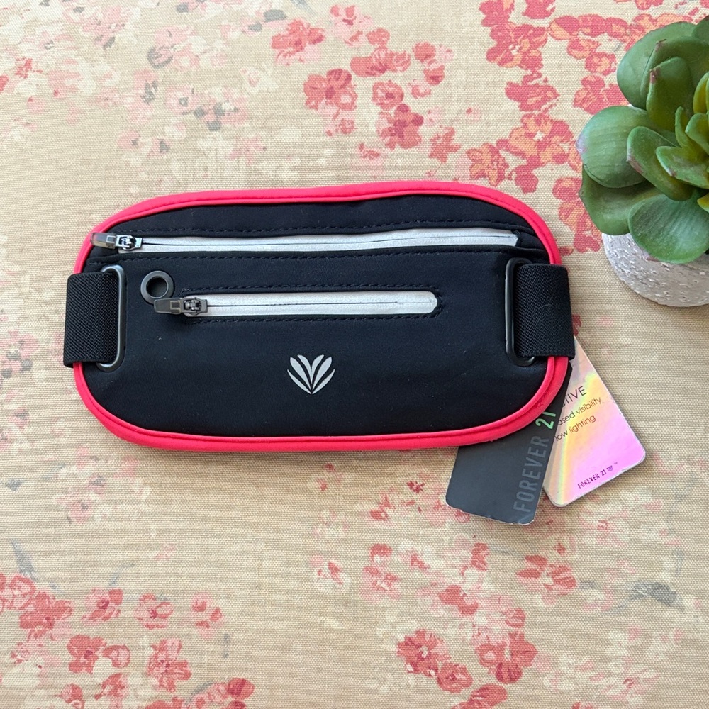 NWT Forever 21 Reflective Black & Rose Red Waist Bag Fanny Pack, One Size w/ Zip